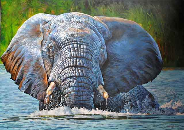 Wildlife-Art-Dawie's-River-Elephant-Wildmoz.com